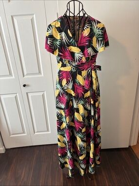 Wayan Black Tropical Floral Wrap Maxi Dress in Pink & Yellow